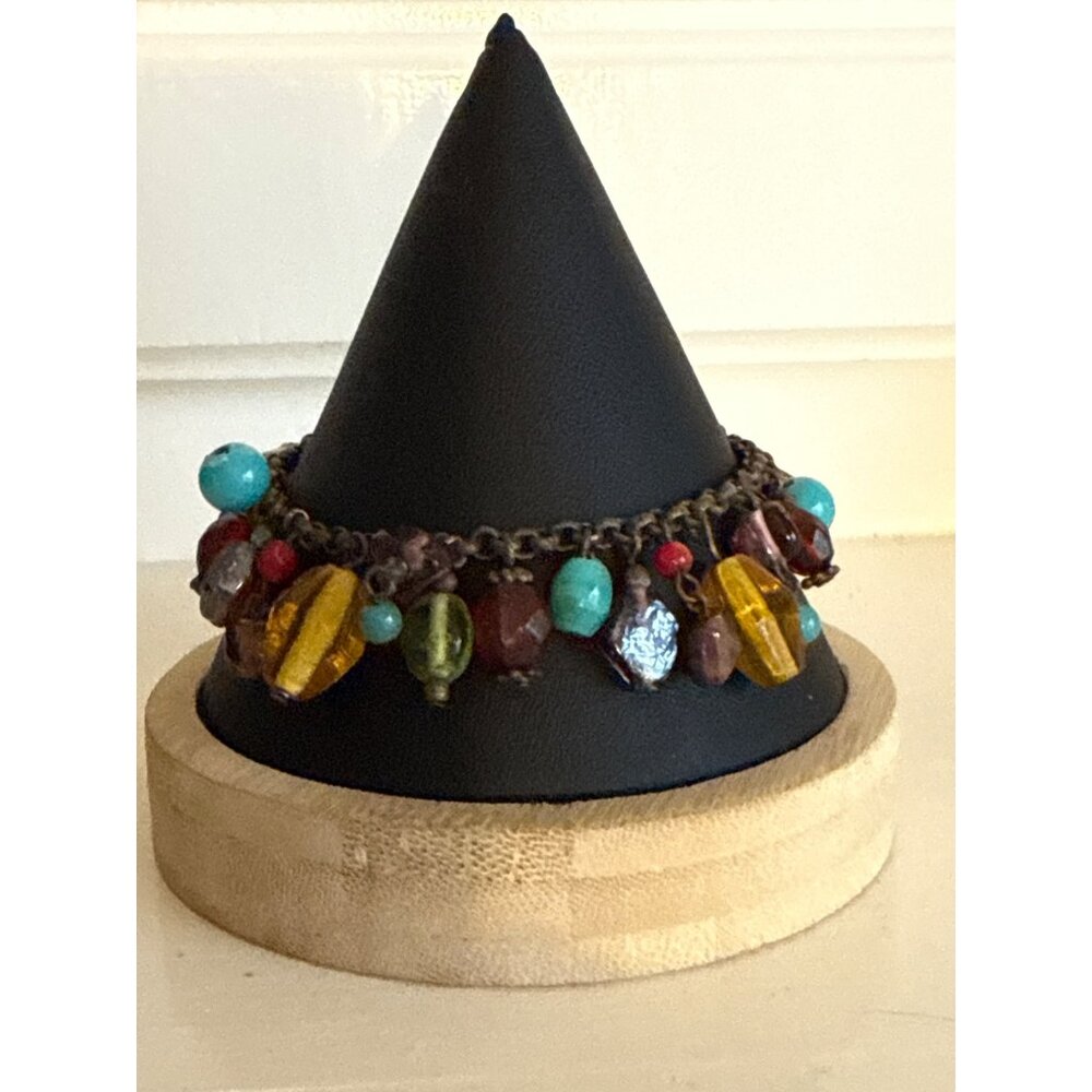 Copper Colored Beaded Charm Bracelet With Multicolor Beads Lobster Clasp Closure